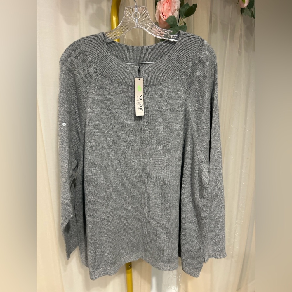 NIC+ZOE Gray Sequin Shoulder Sweater 2X Lightweight Knit Plus